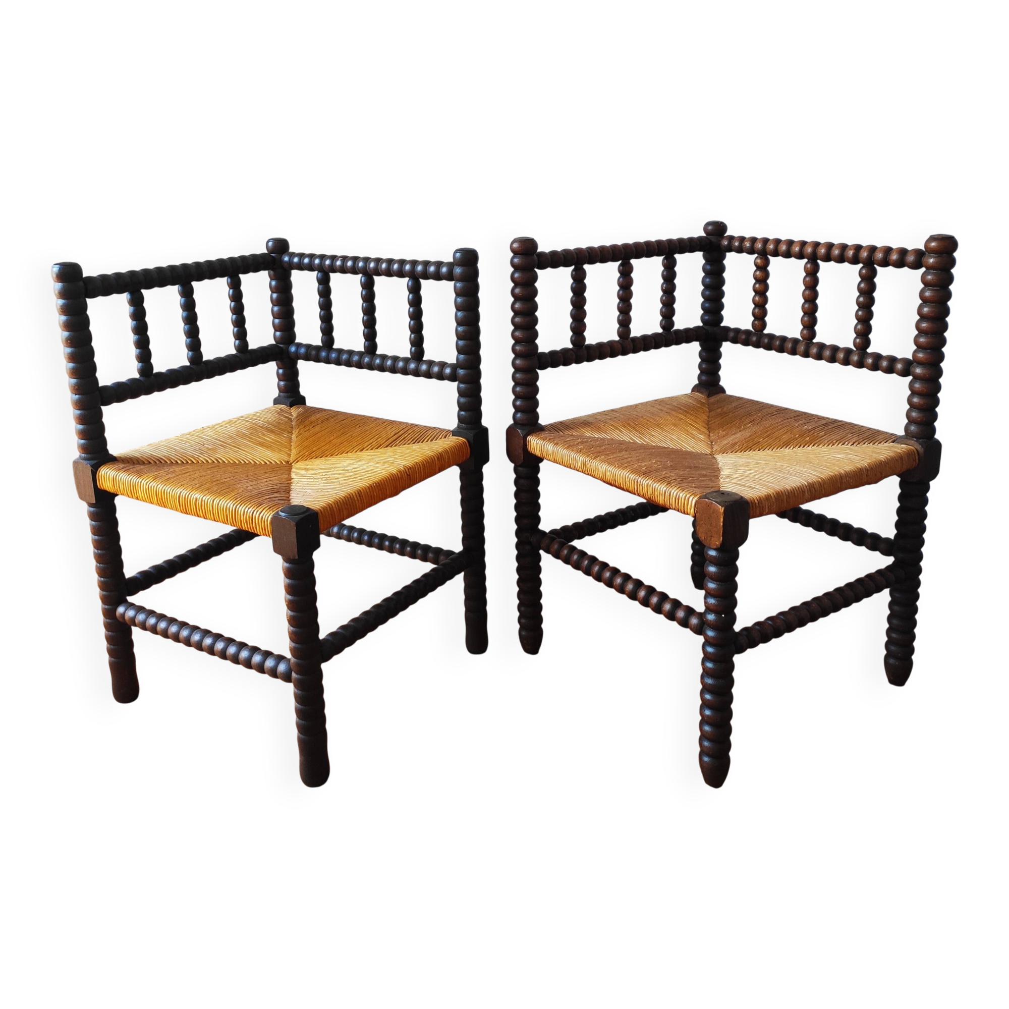 Pair of French corner chairs - turned wood, mid-20th century.