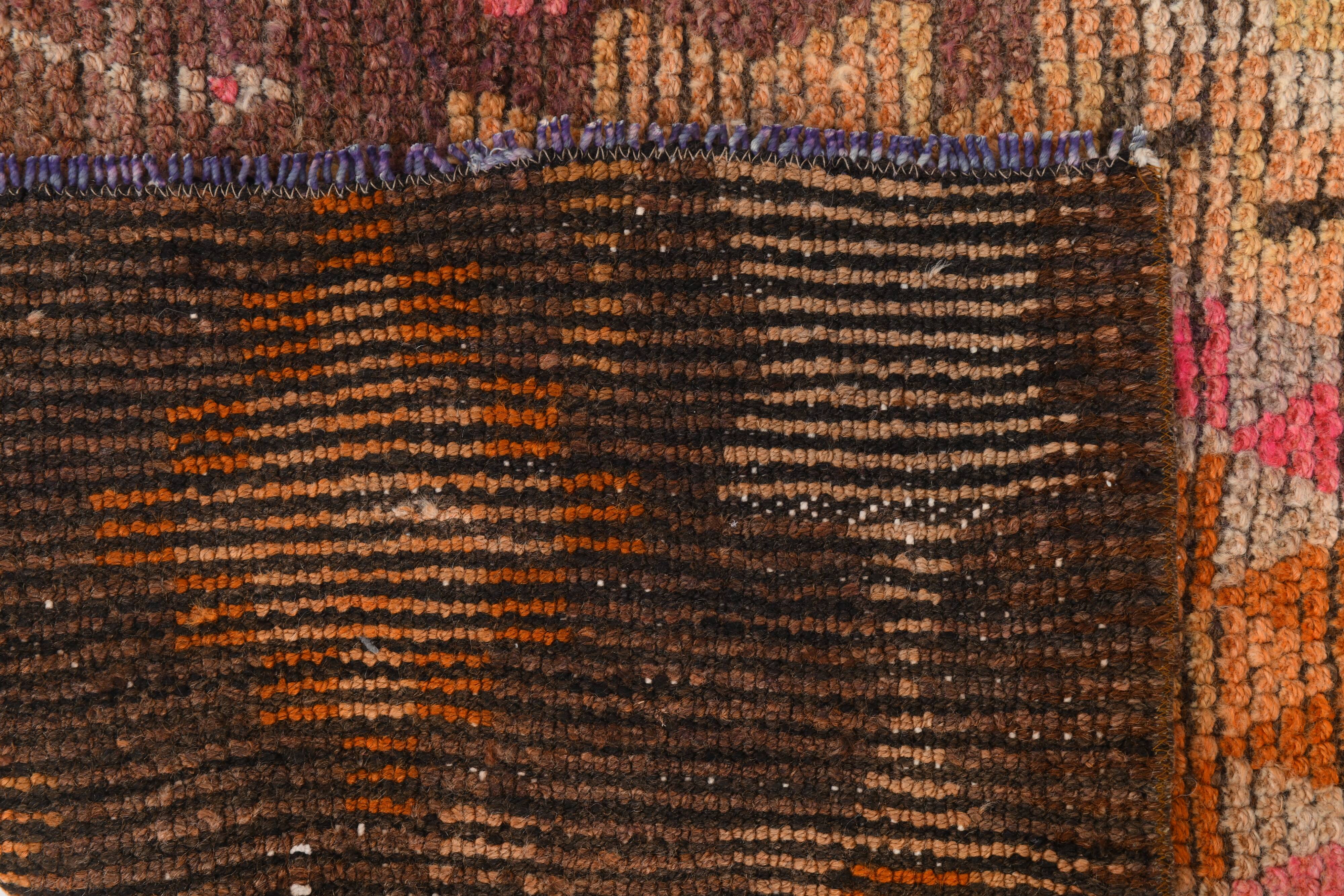 3x7 Brown Hot Pink Turkish Vintage Runner Rug, 92x227Cm