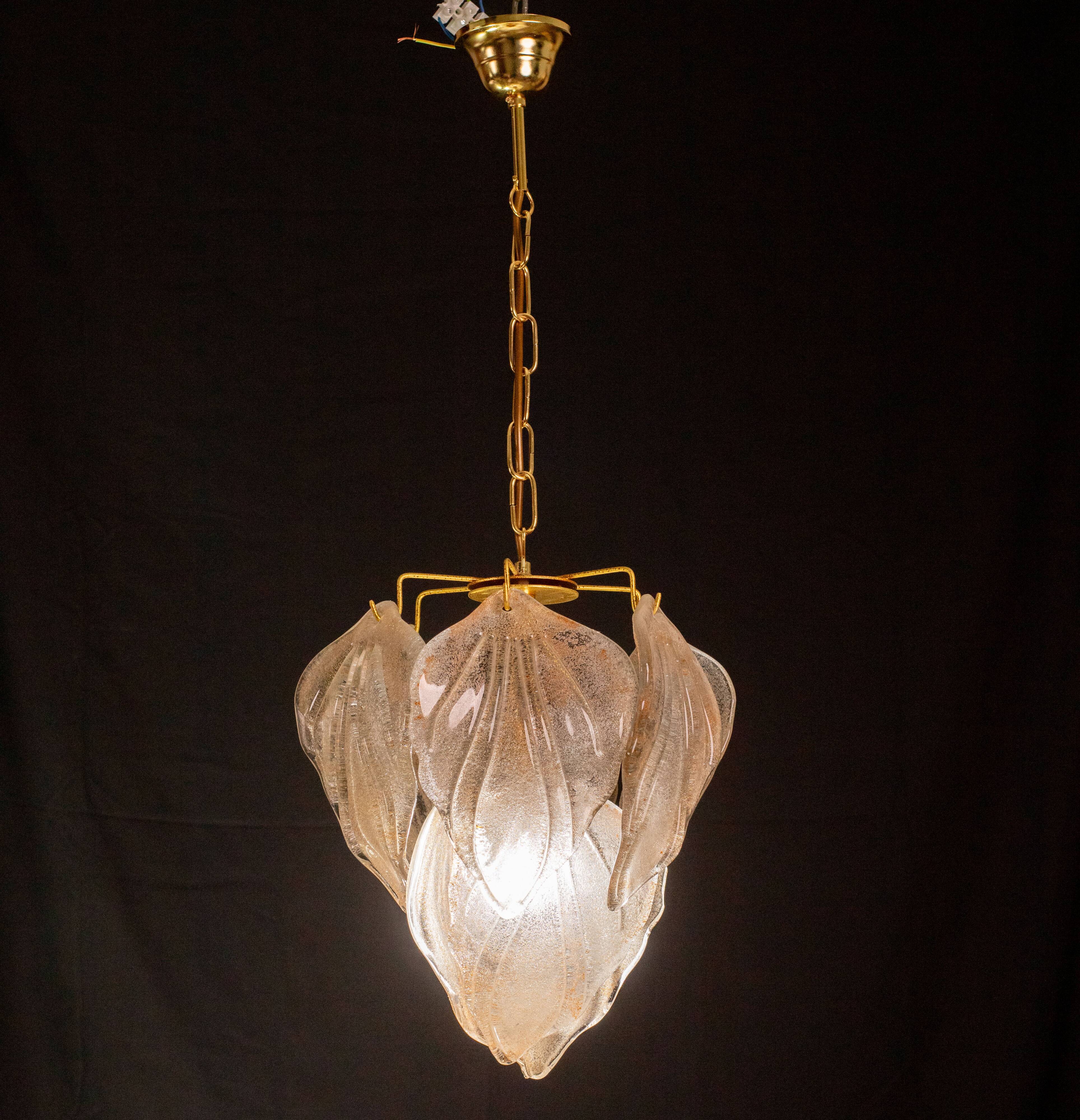 Gorgeous vintage Murano chandelier with leaves of orange and pink highlights
