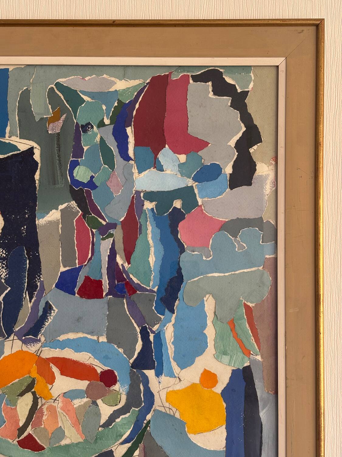 Tableau collage « le fouillis Bleu » signé