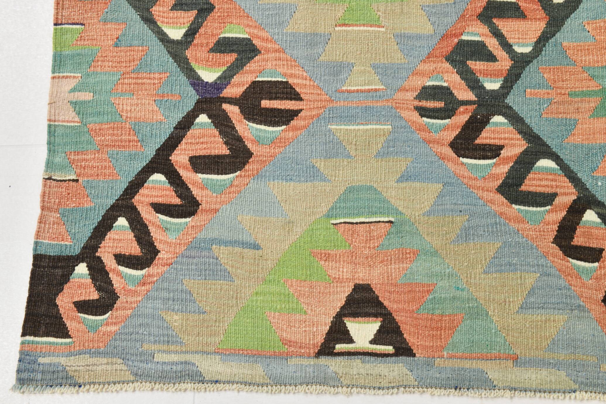 6x10 Light Blue & Green Goemetric Kilim Rug, Handmade Wool Bedroom Carpet