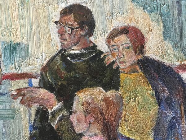 Scène d'intérieur avec guitare à l'aéroport Kiev, USSR, voyage huile 1974