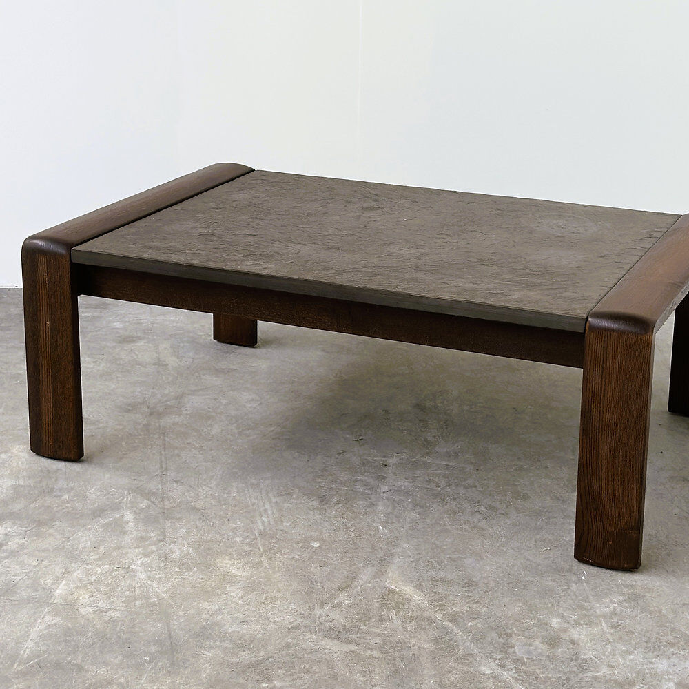 Vintage Belgian oak & fossil slate coffee table, brutalist modern, 1970s