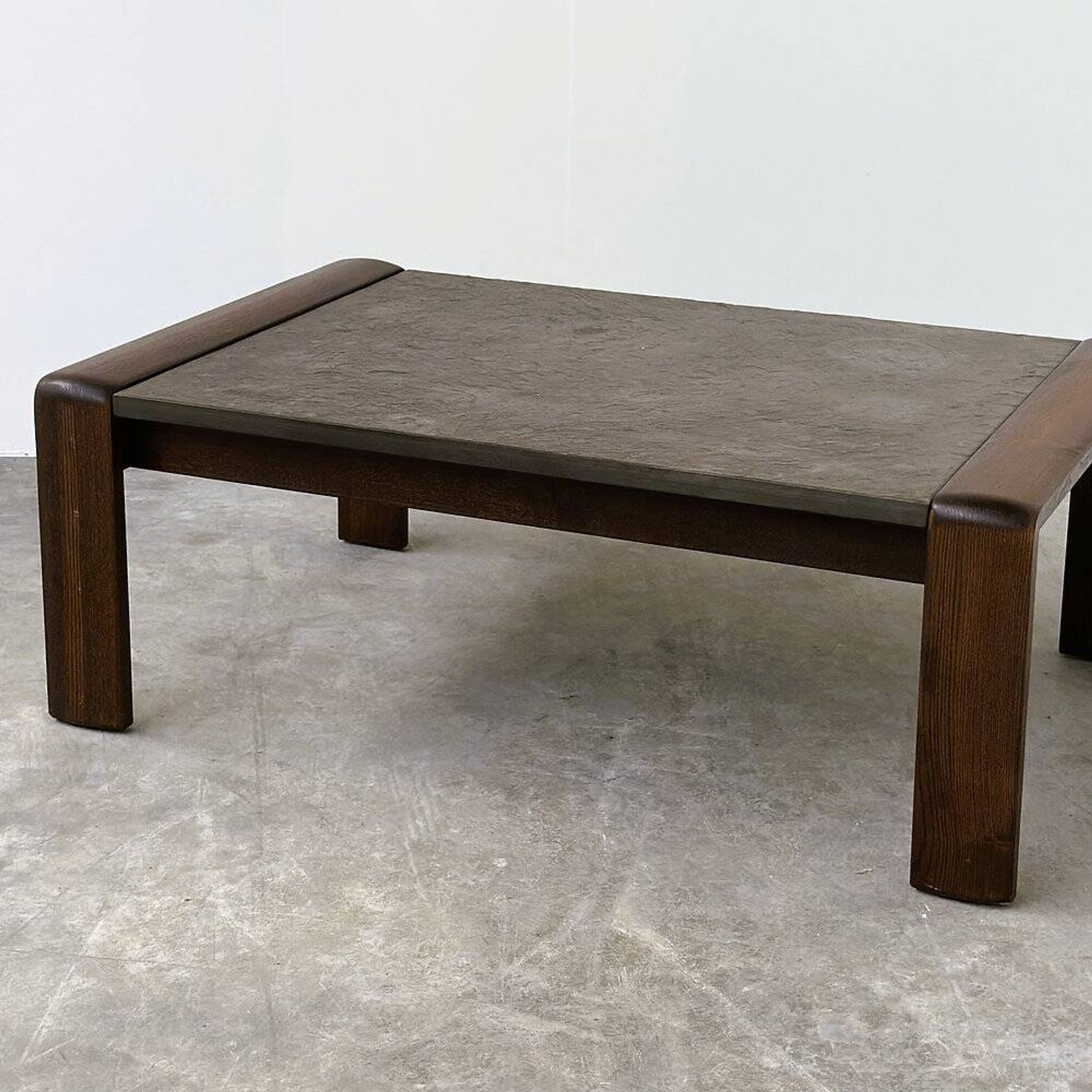 Vintage Belgian oak & fossil slate coffee table, brutalist modern, 1970s