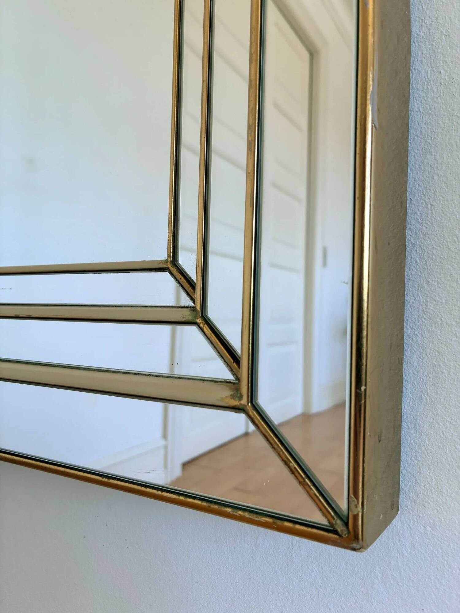 Large vintage Deknudt arched beveled panel mirror – gold, Belgium, 1980s