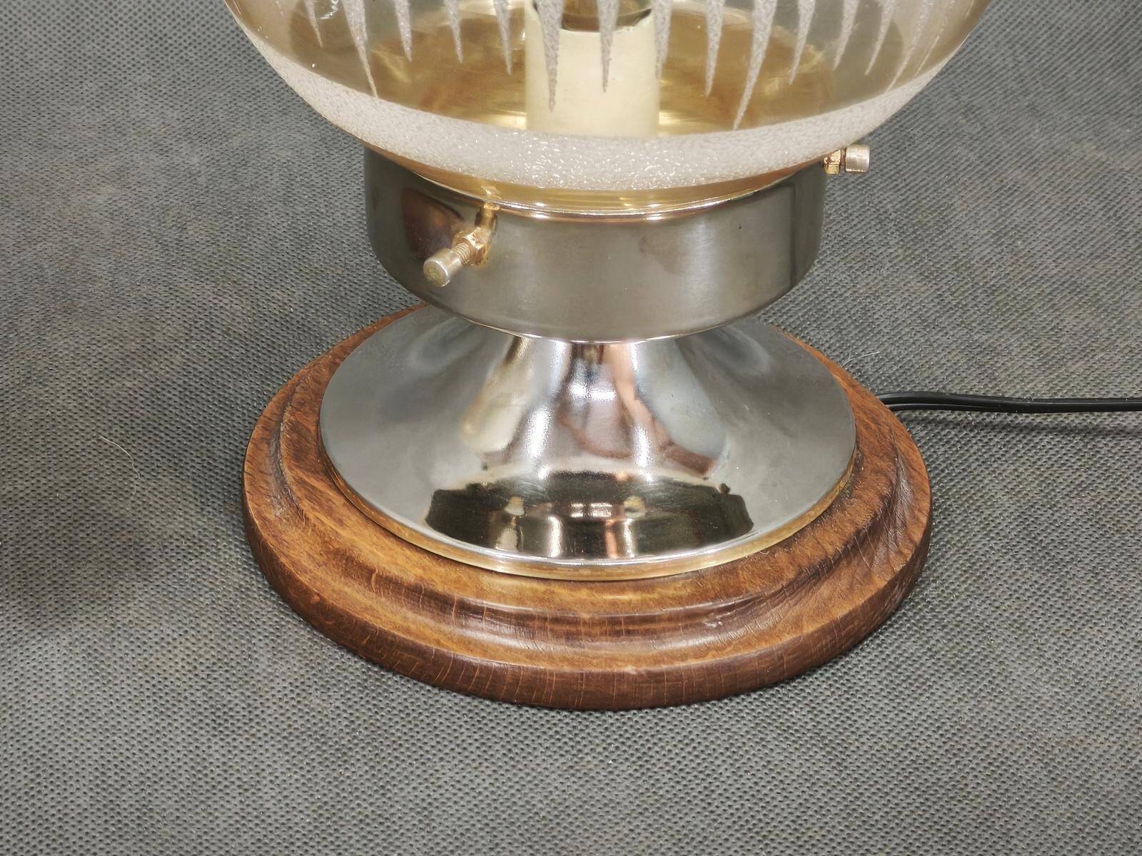 Pair of Italian Etched Glass, Chrome and Wood Table Lamps, 1950s