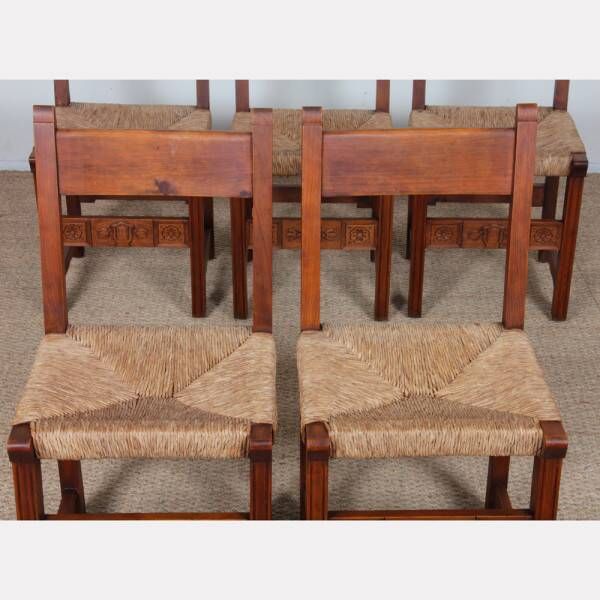 Ensemble de 6 chaises paillées en bois, travail français, 1950