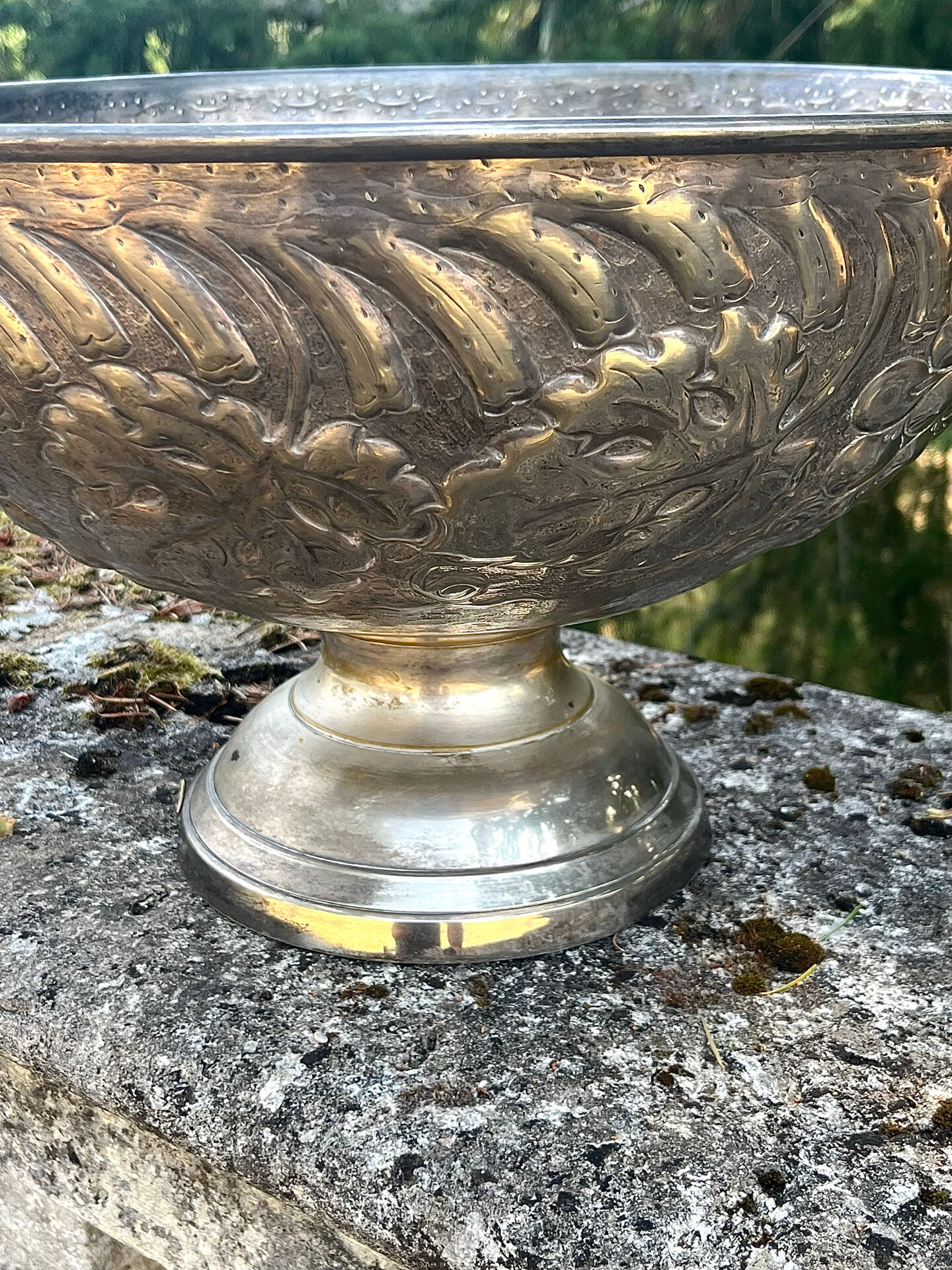 Large silver plated champagne cooler bowl on pedestal with grape