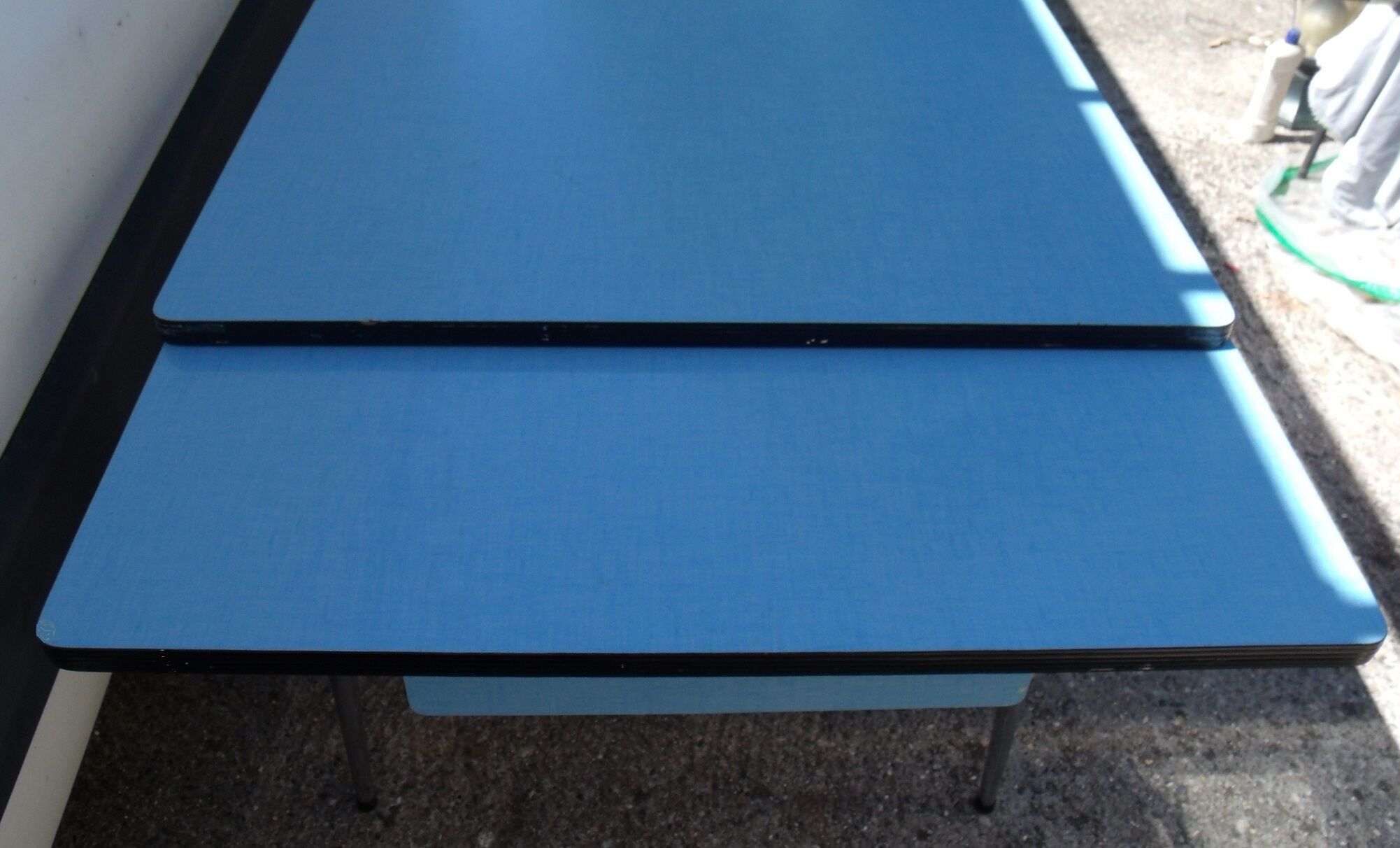 Blue formica table with extension with drawer