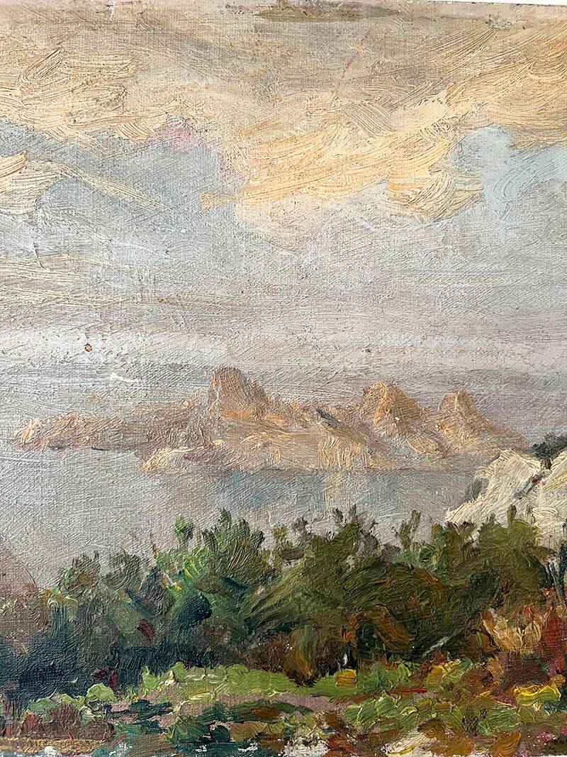 Painting “Seaside View”, oil on canvas glued on hardboard.