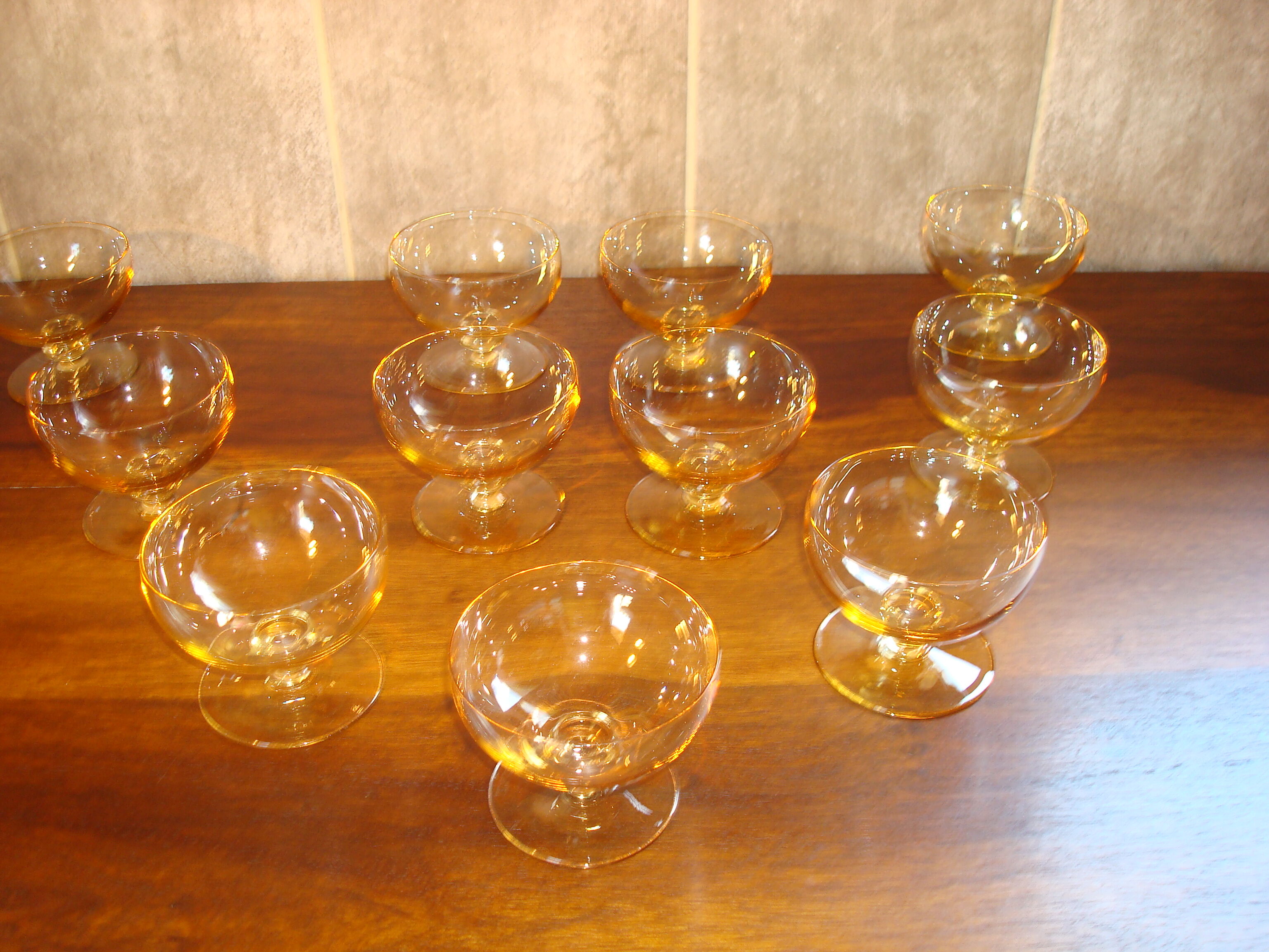 10 crystal Champagne cups, Daum Nancy, amber yellow color, vintage.