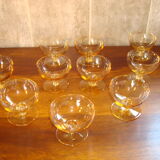 10 crystal Champagne cups, Daum Nancy, amber yellow color, vintage.