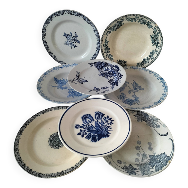 8 assiettes dépareillées en terre de fer bleue, 19ème