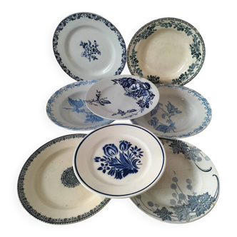 8 ironstone plates from the 19th century in blue camaïeu, mixed manufacturers.