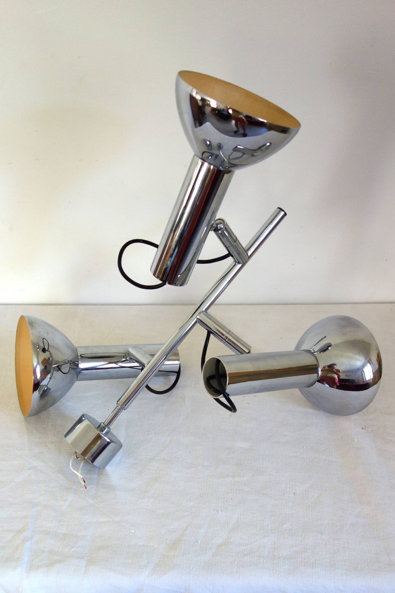 Chrome metal 3-spot chandelier from the 1970s.