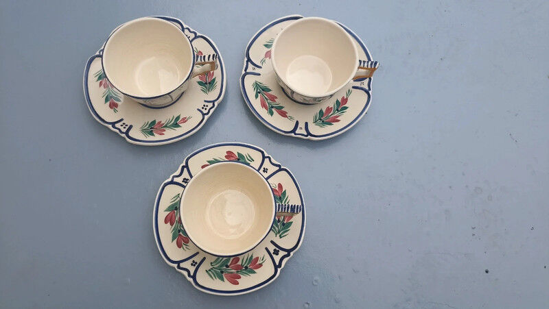 3 cups and 3 numbered Henriot Quimper earthenware saucers