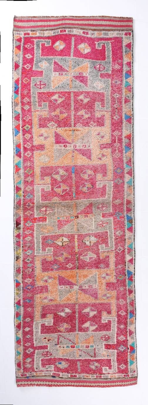 Raspberry Pink Tribal Vintage Runner Rug, Turkish Hallway Carpet,102x322 Cm
