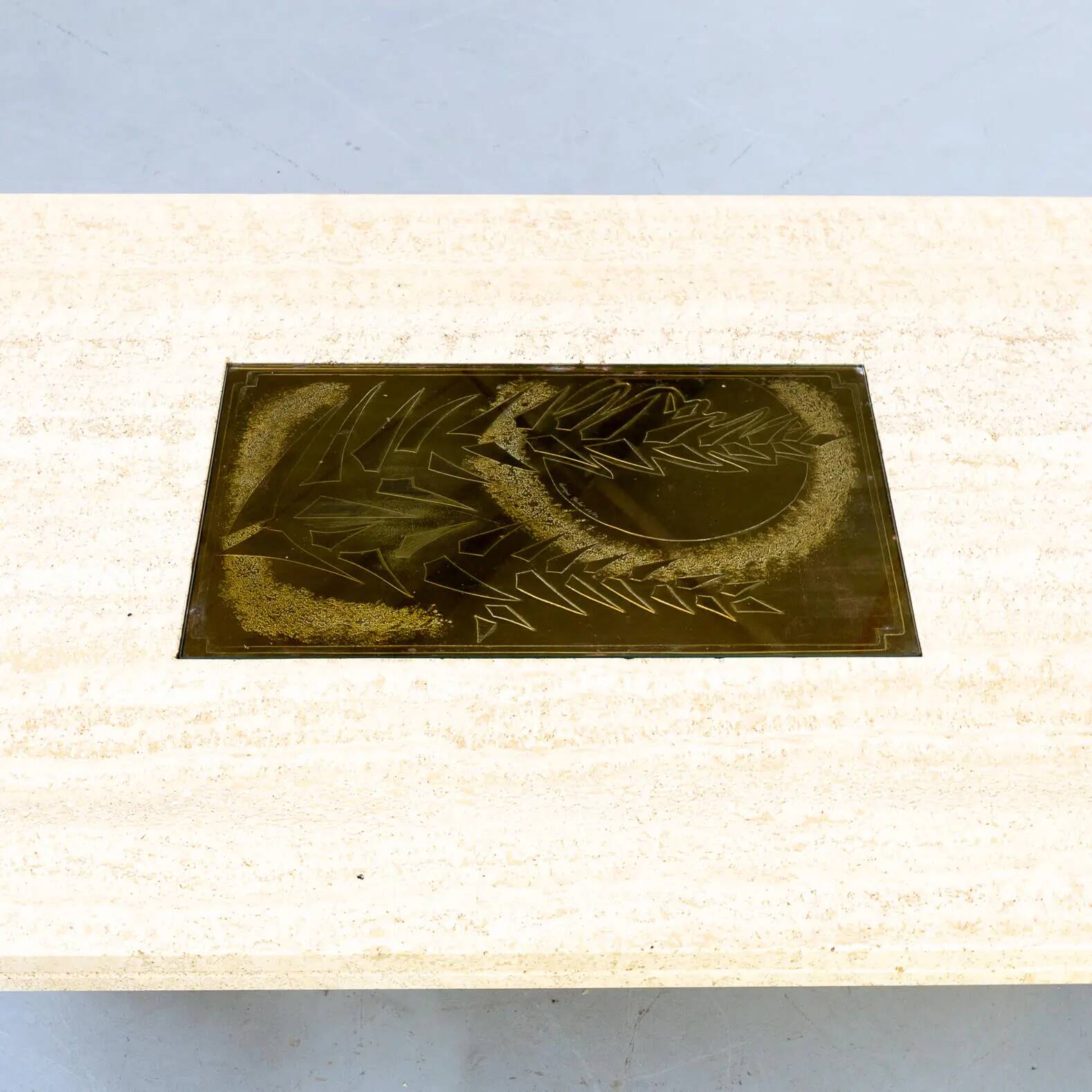 George Mathias Travertine Coffee Table for Maho with Artwork nr 12/50, 1970's