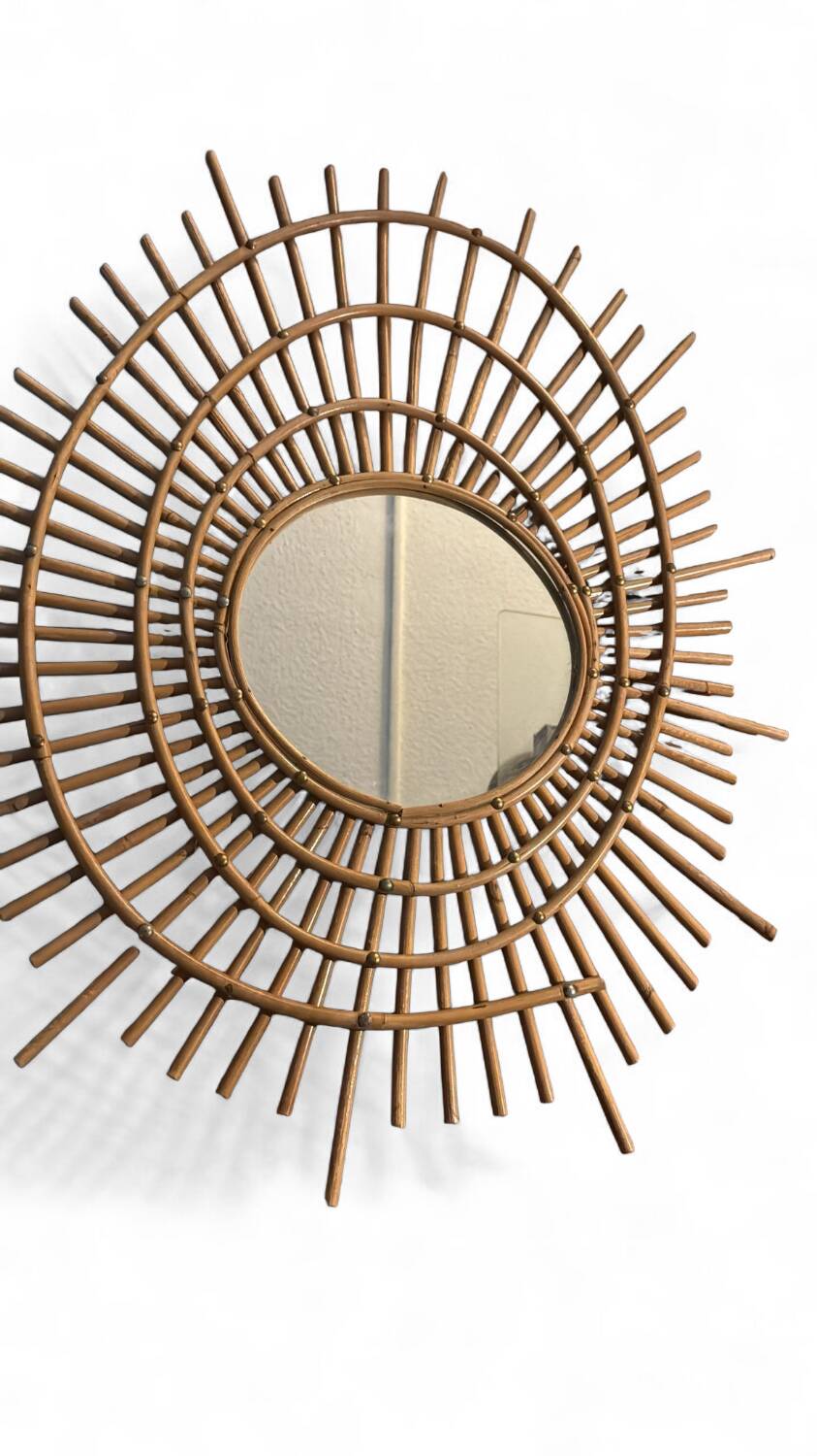 Miroir mural vintage bambou & laiton – France, circa 1950