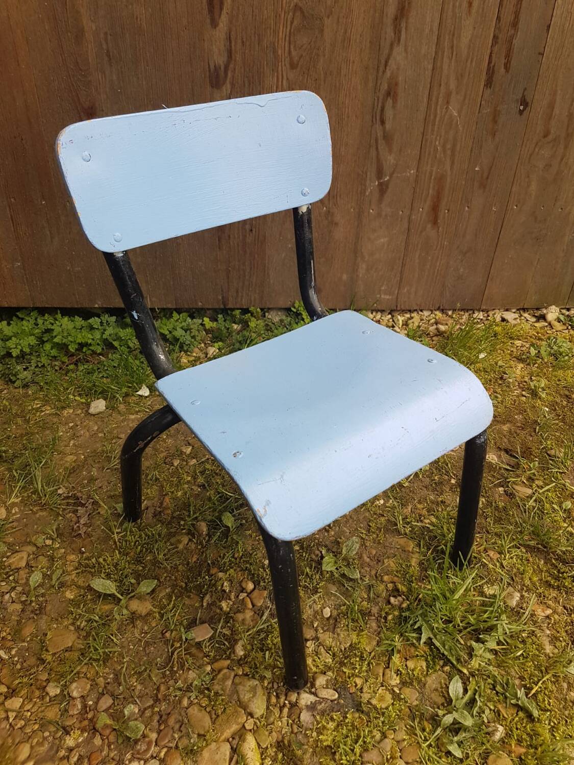 Mullca style children's chair black metal tube + vintage wood seat & back #a663