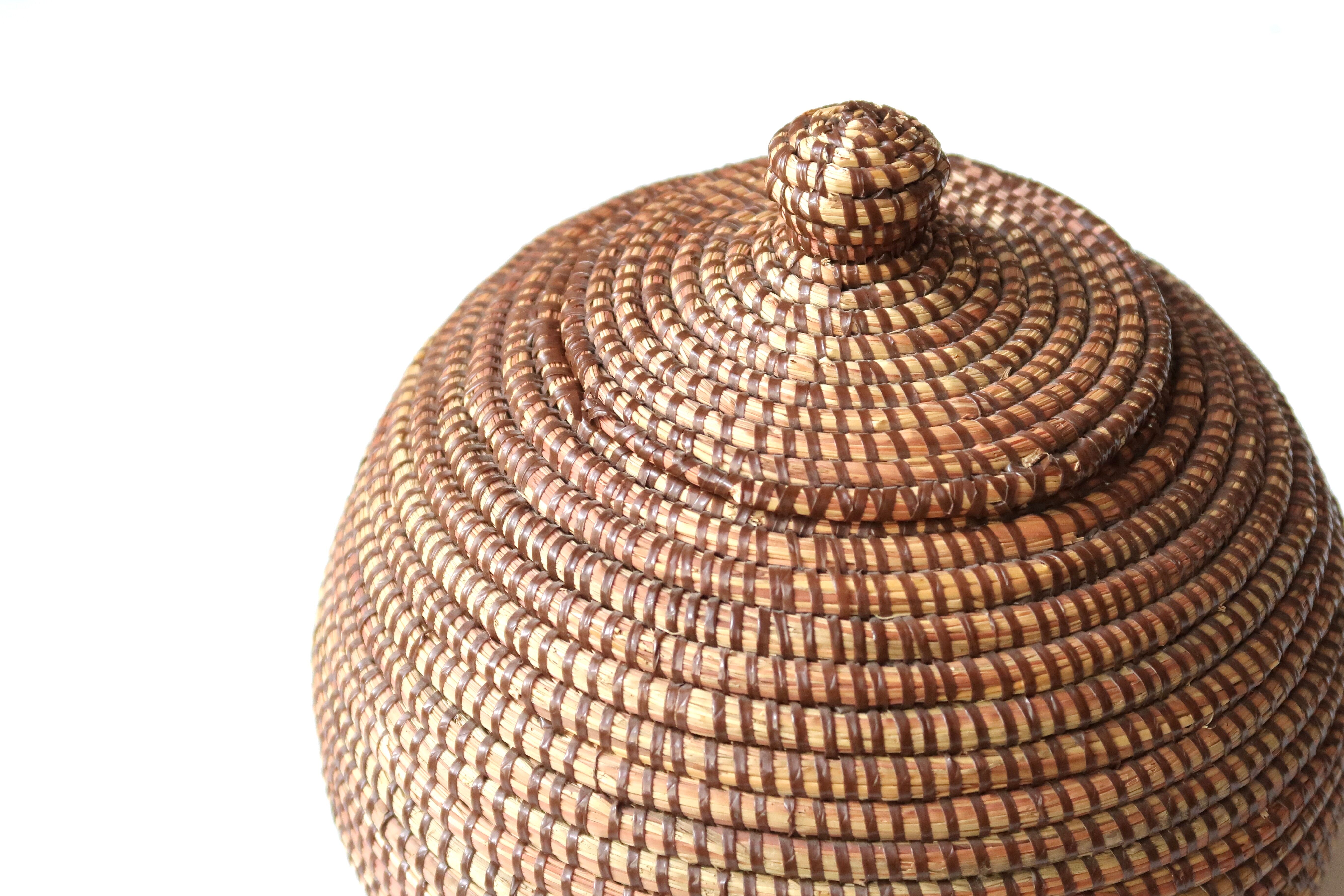 Round braided fiber box, basket, 80s