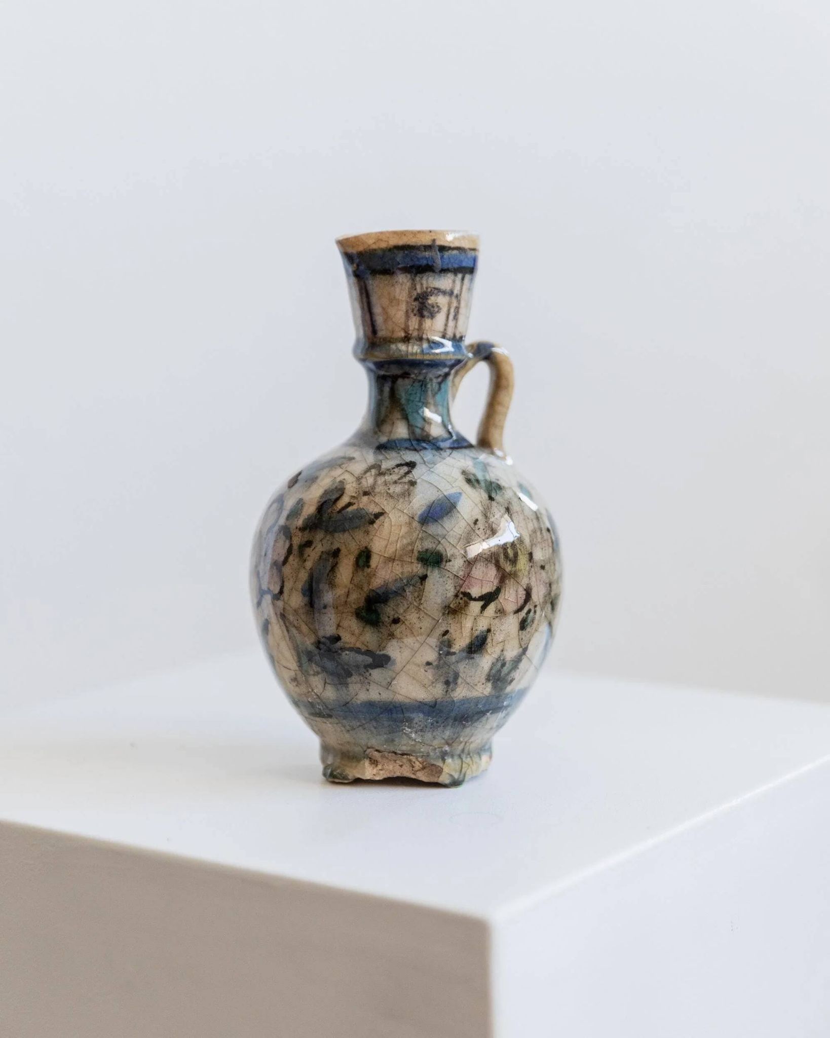 Antique 18th-century ceramic vase, hand-painted, Near Eastern design with floral motif and handle, small decorative art piece, gift idea.
