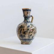 Antique 18th-century ceramic vase, hand-painted, Near Eastern design with floral motif and handle, small decorative art piece, gift idea.