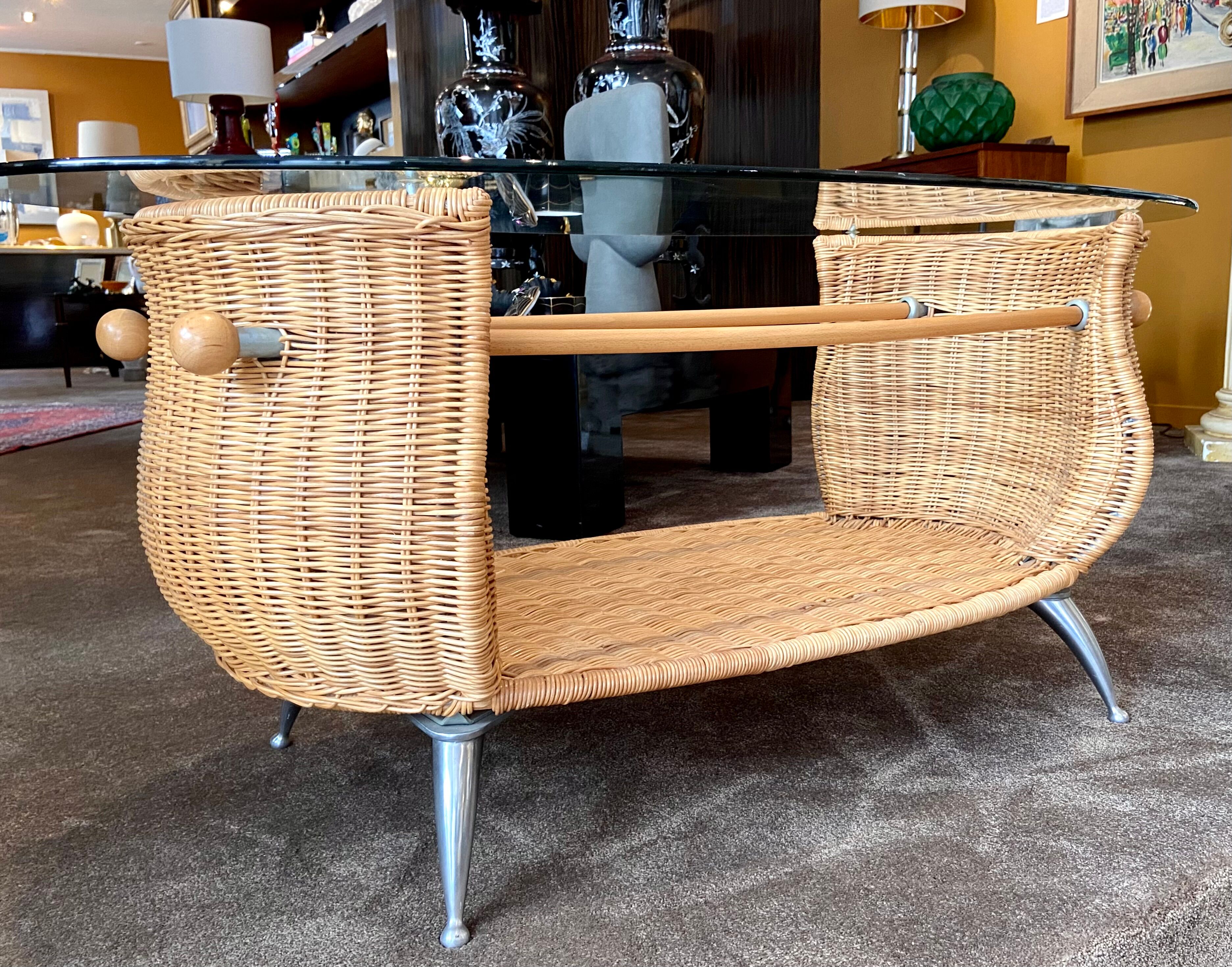 Rattan coffee table, glass top, metal legs, France, 1980