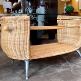 Rattan coffee table, glass top, metal legs, France, 1980