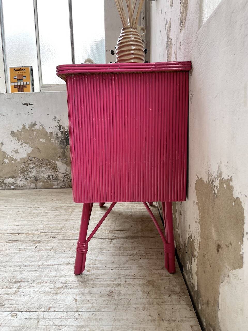 Vintage pink rattan chest of drawers