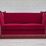 1970s, Danish drop arm "Spanish" sofa, original condition, cherry red furniture velour.