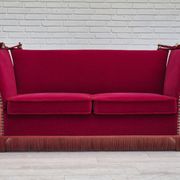 1970s, Danish drop arm "Spanish" sofa, original condition, cherry red furniture velour.