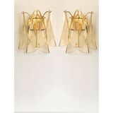 Set of Two Amber “Rondini” Murano Glass Gold Wall Sconces in Mazzega Style