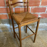 Tabouret de bar haut ancien bois tourné + assise paillée vintage