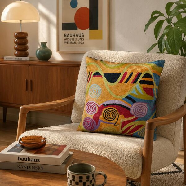 Housse de coussin brodée main en soie, art moderne, motif spirales