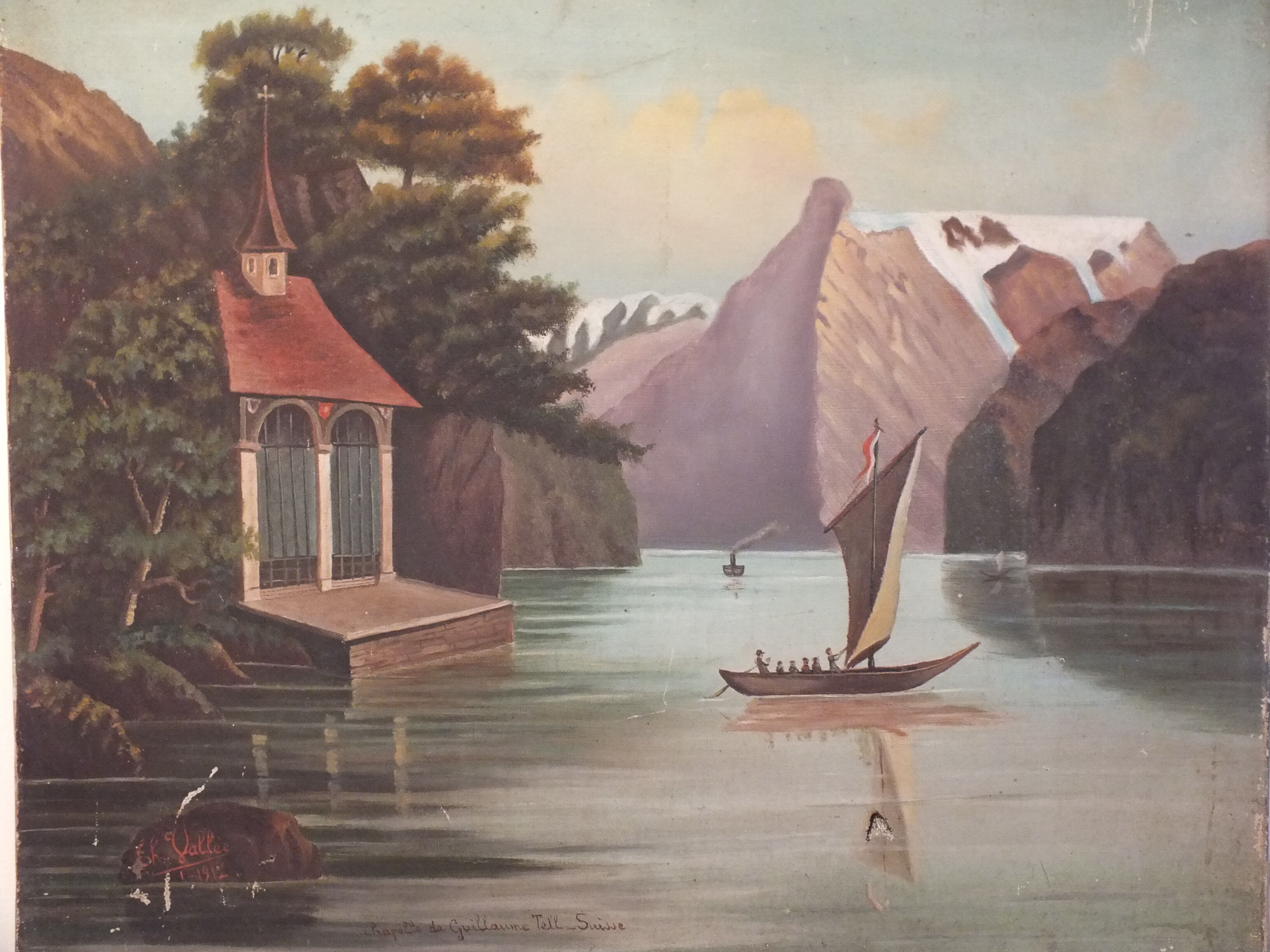 Peinture huile s toile Suisse Chapelle de Guillaume Tell - signée Vallée 1912