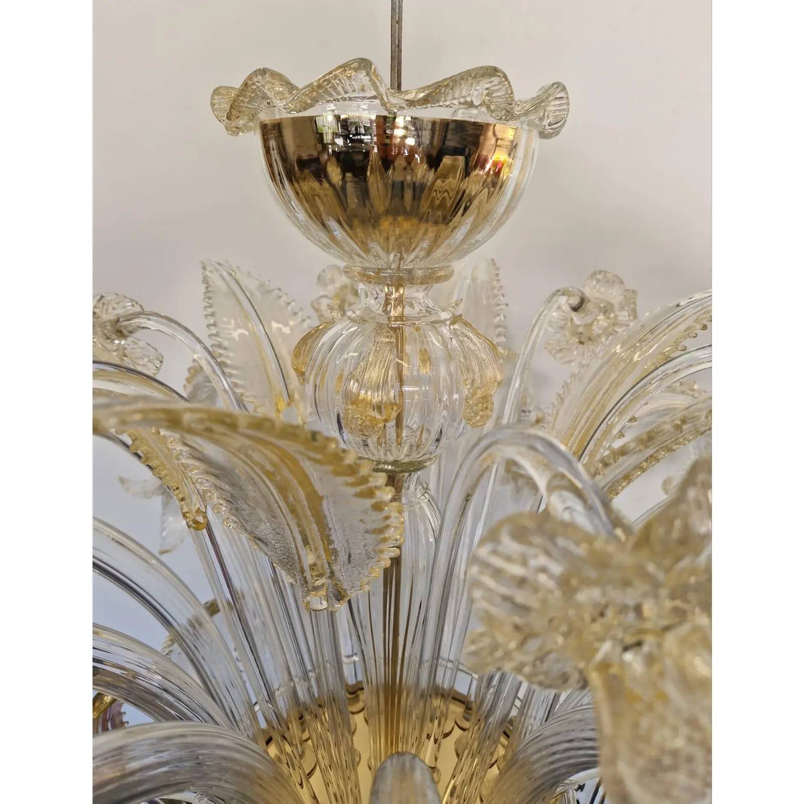 Opulent Gold and Clear Murano Glass Chandelier with Flowers and Leaves