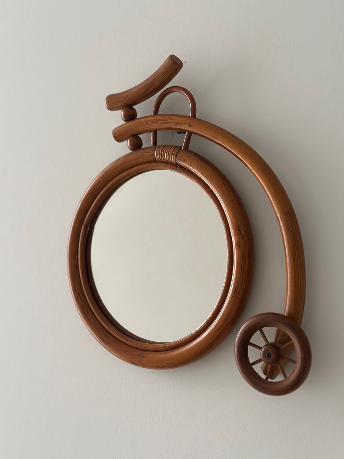 Rare wall mirror bicycle made of bamboo and rattan from the 1960s.