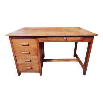 Bureau d'esprit maître d'école en bois massif à caisson - 1950