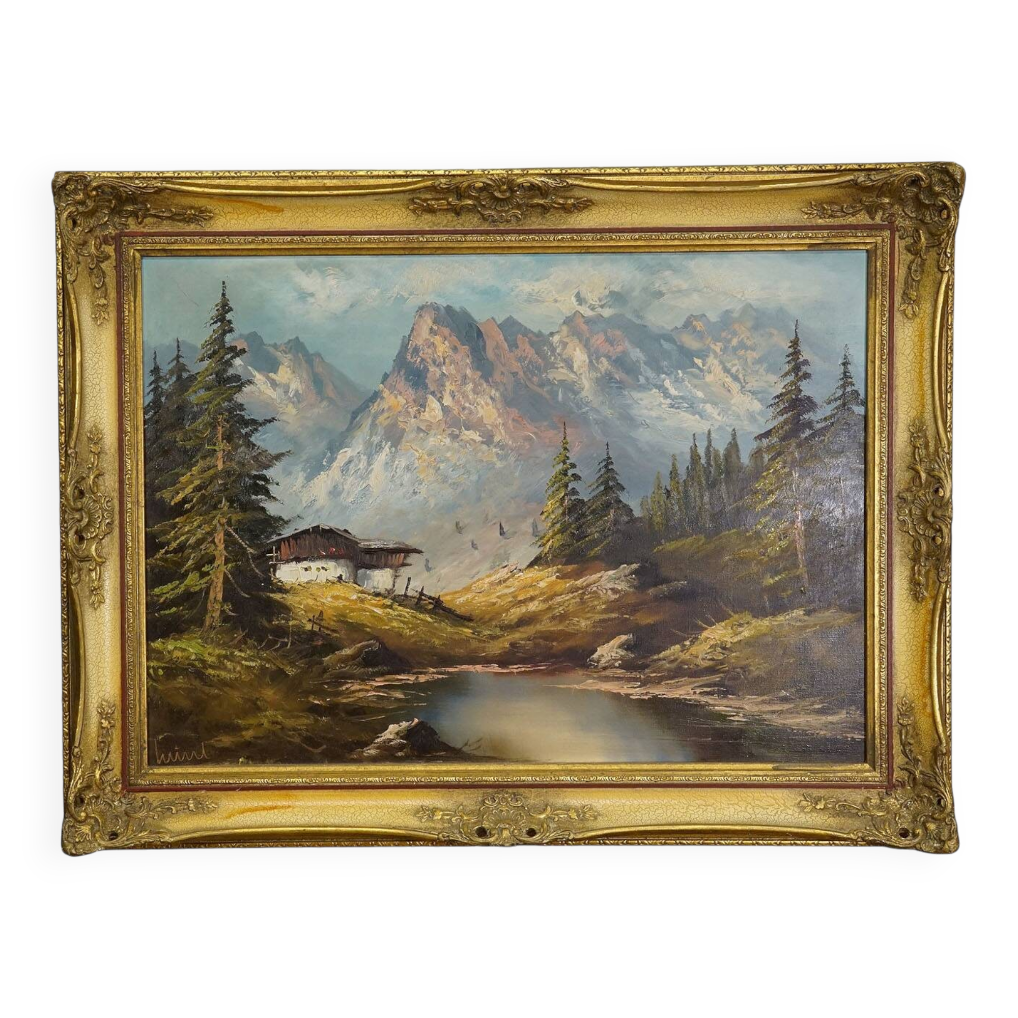 Alpine landscape oil painting with Tyrolean mountain hut
