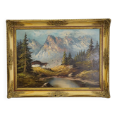 Peinture à l'huile de paysage alpin avec un chalet tyrolien.