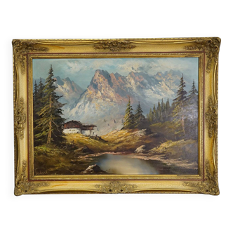 Alpine landscape oil painting with Tyrolean mountain hut