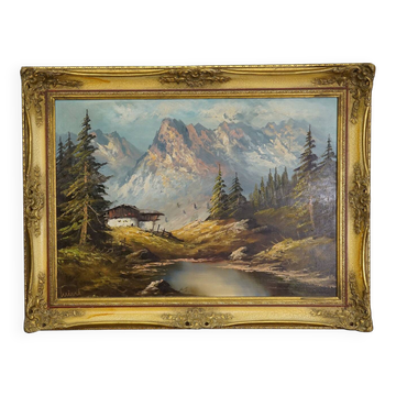 Alpine landscape oil painting with Tyrolean mountain hut