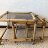 Series of 3 tables gigognes seventies in rattan and smoked glass