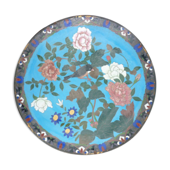 Assiette émaux cloisonnés décors bleu et oiseau