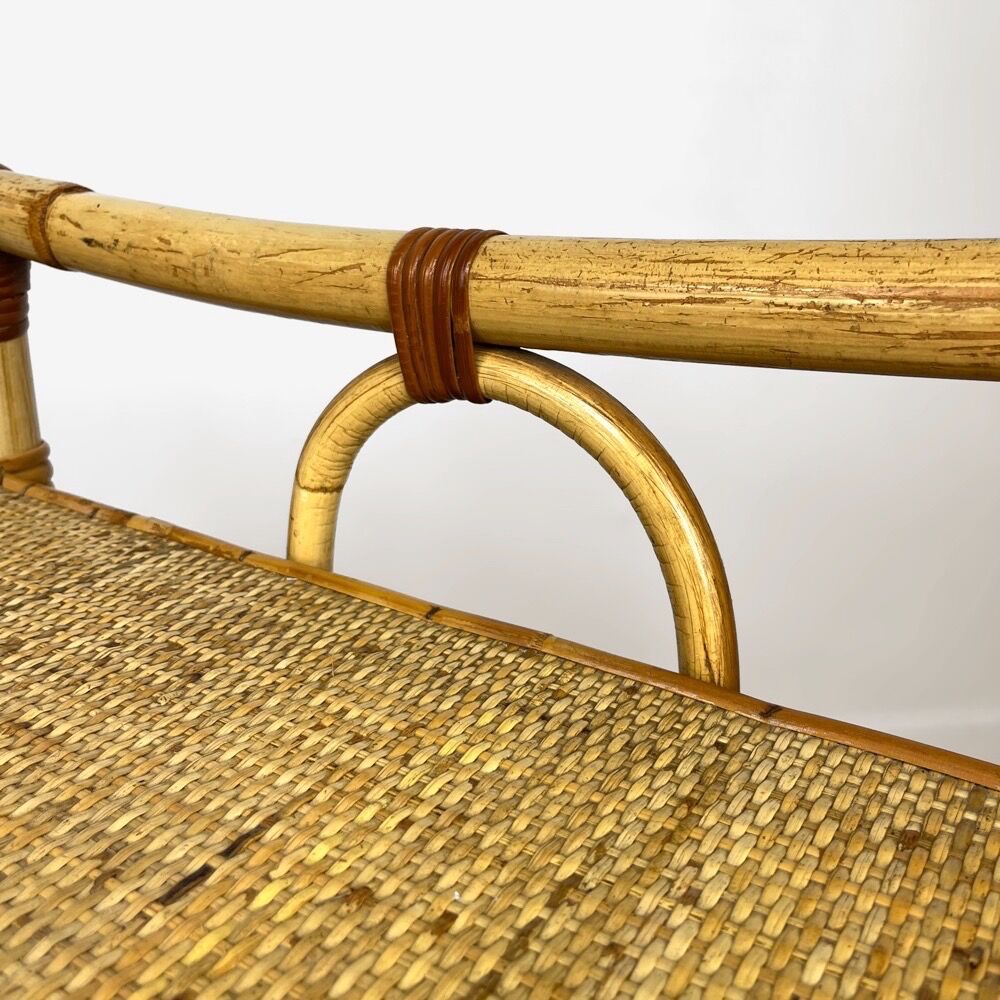 Vintage bamboo and woven straw side table