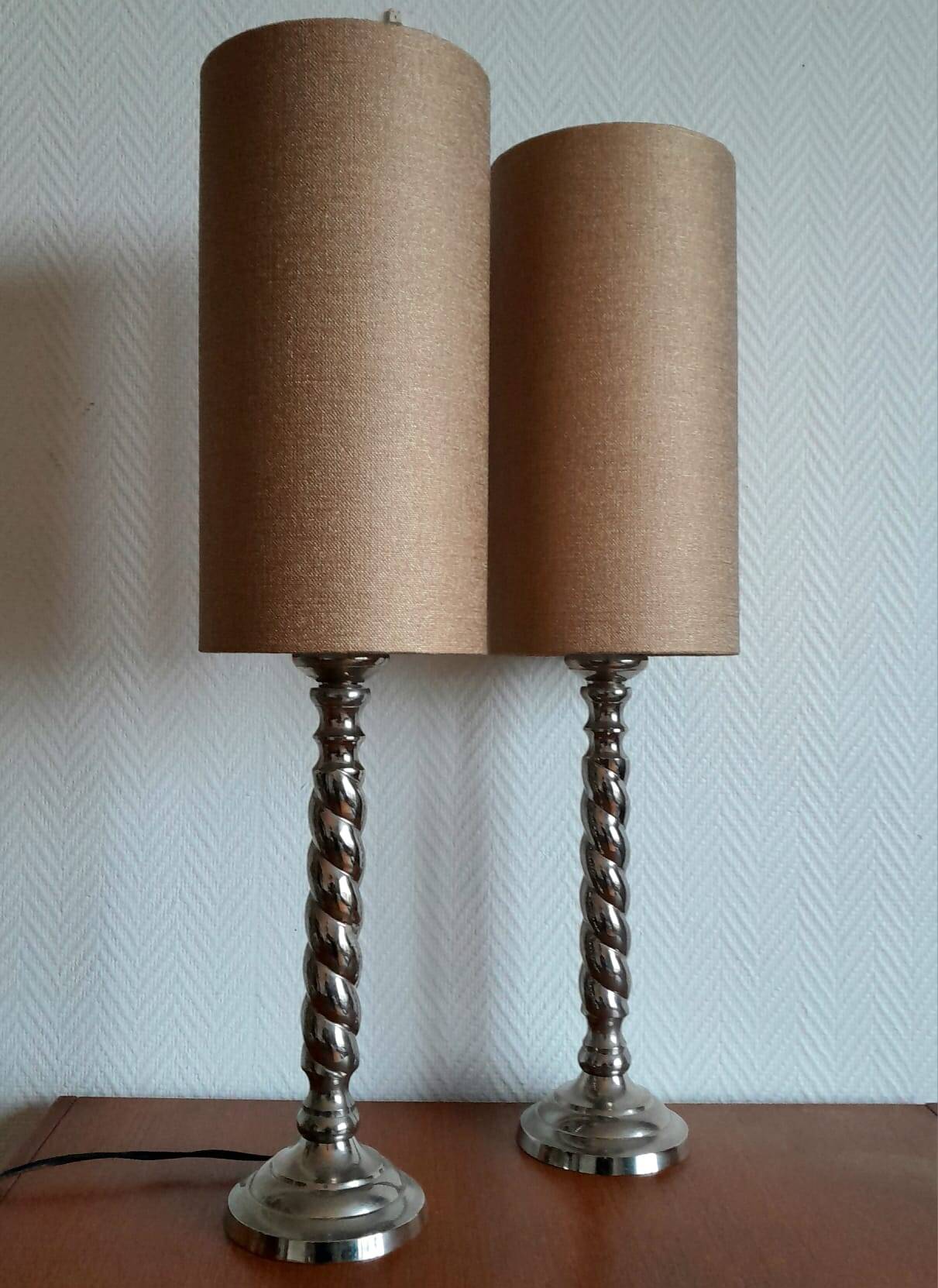 Pair of twisted metal silver-plated column lamps