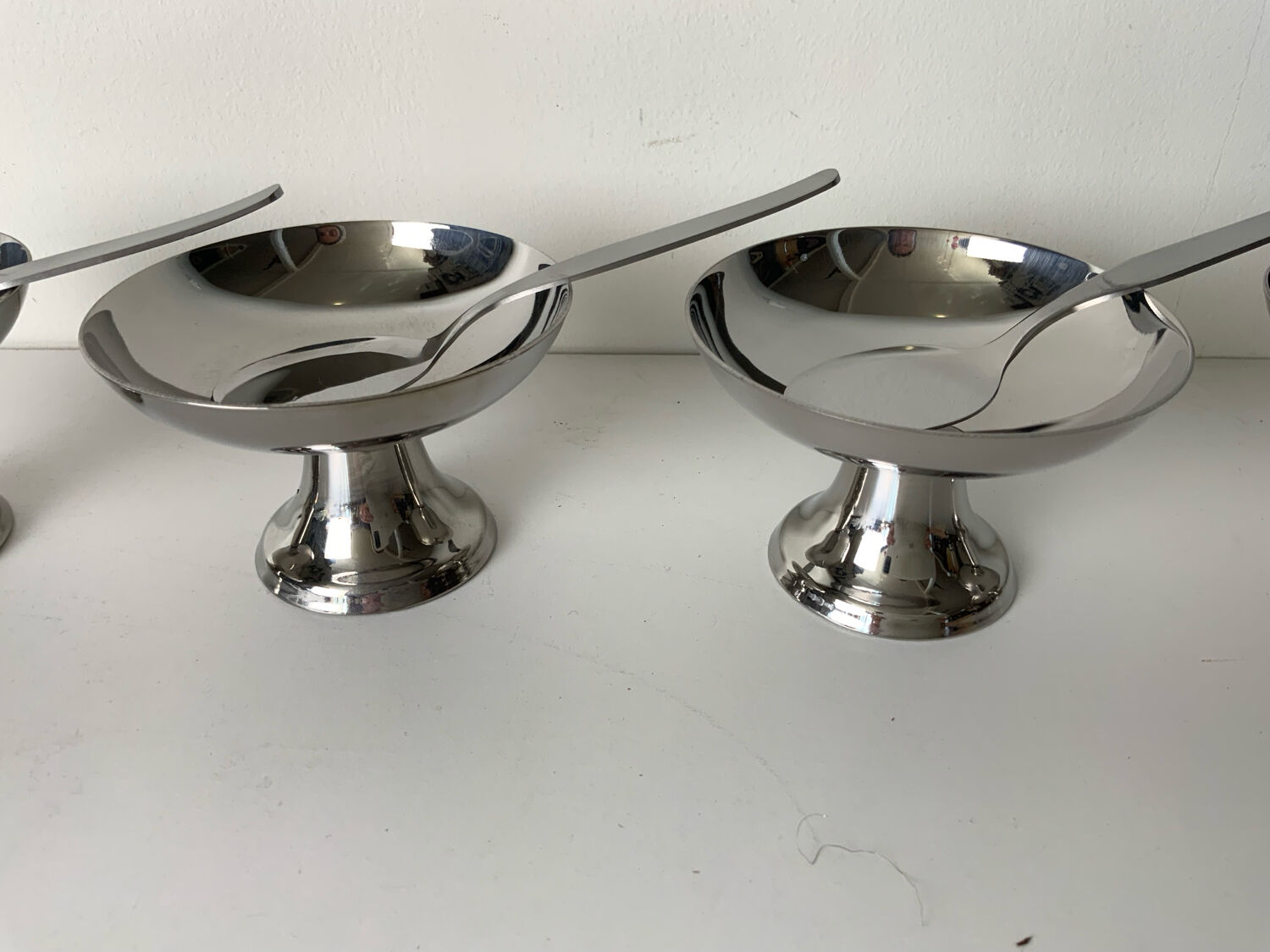 Vintage stainless steel ice cream bowls and tray