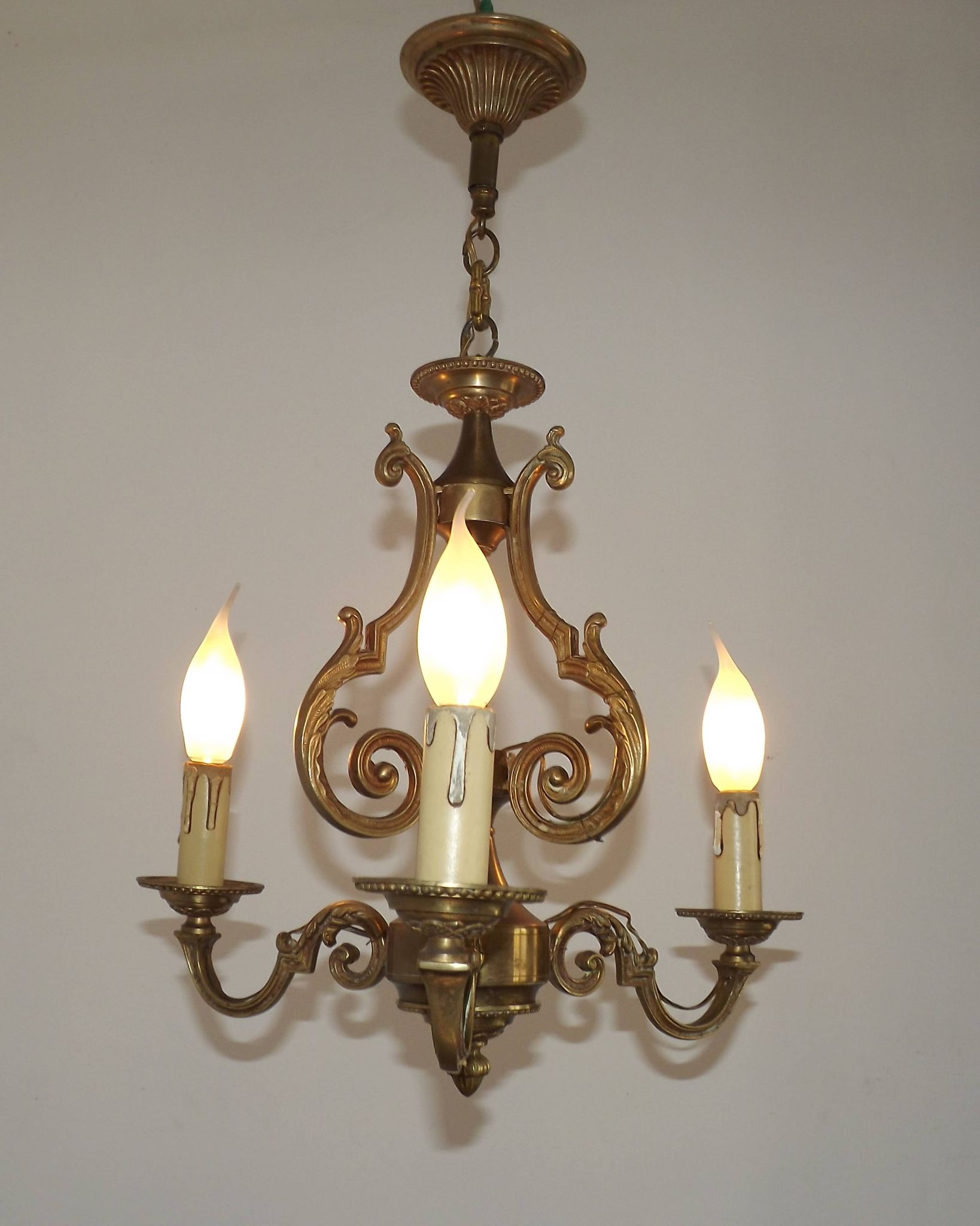 French Vintage Bronze Art Nouveau Style 3-Light 3-Sided Cage Chandelier