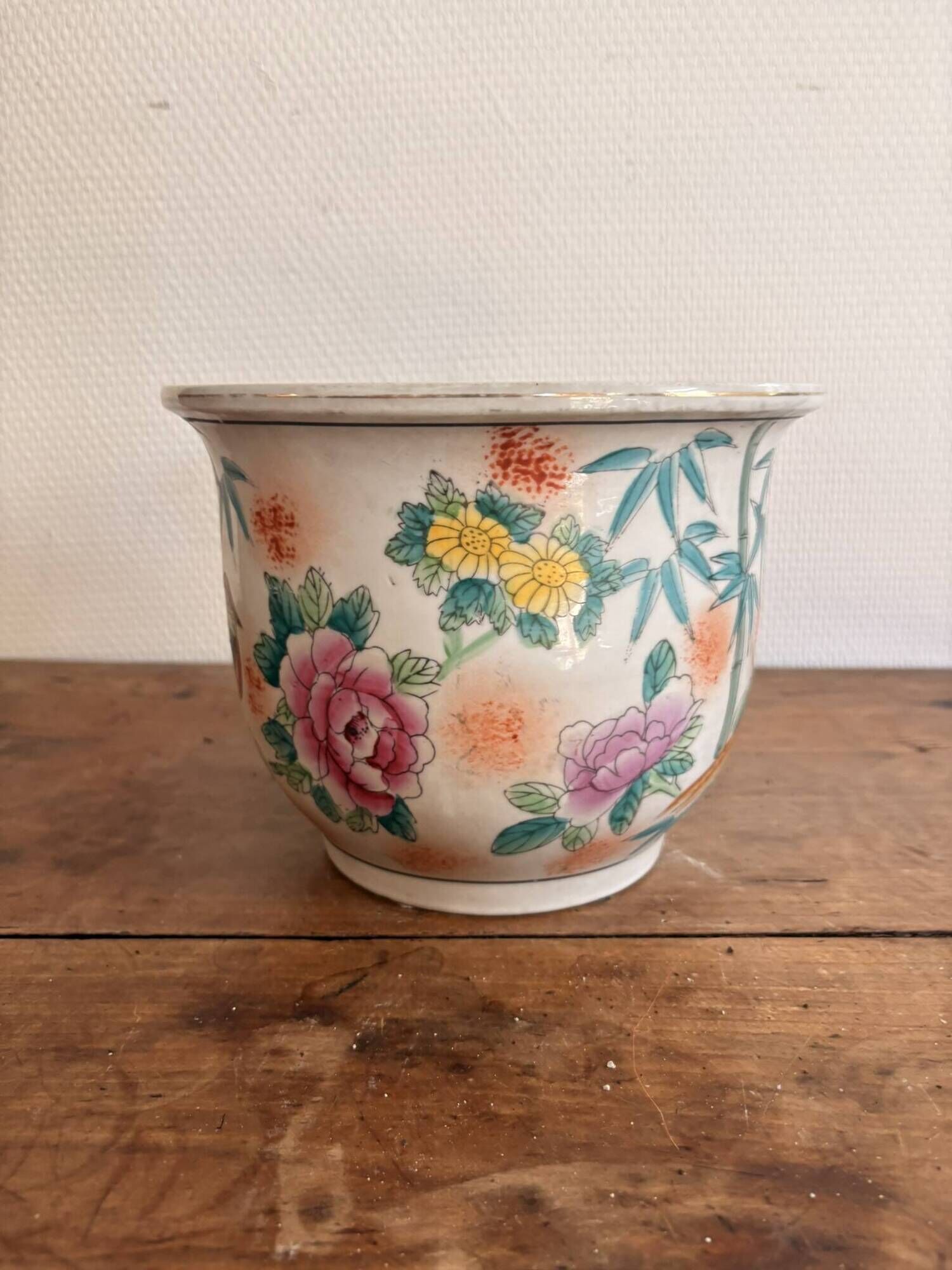 Cache pot jardinière decor pheasant China republic Famille Rose bamboo